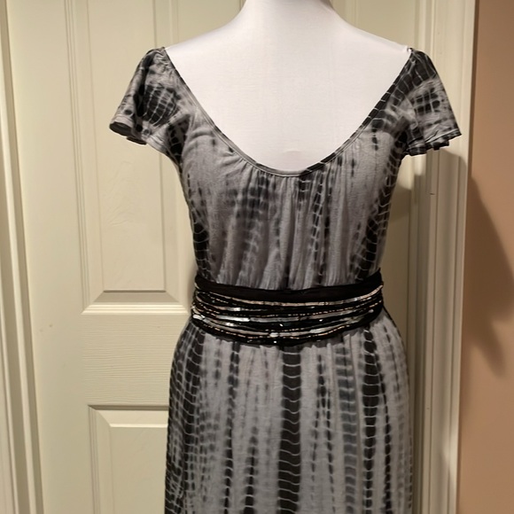 Tie dye Maxi Dress With Belt Flutter Sleeves Black Gray Size M - Picture 2 of 9